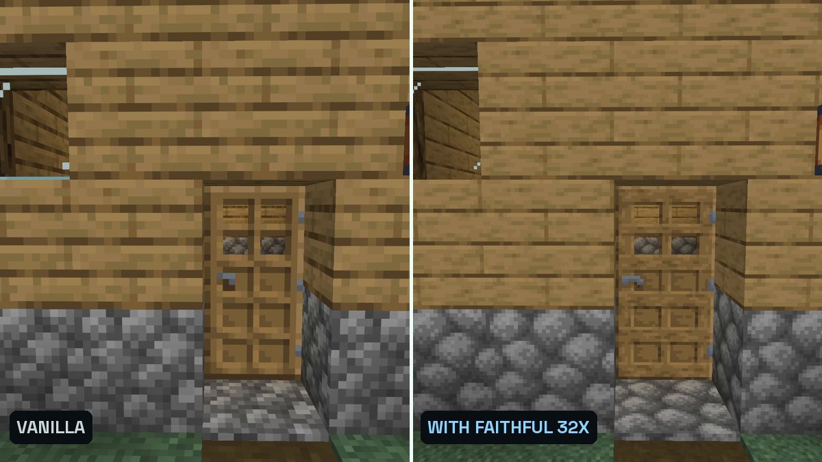 Two Minecraft screenshots side by side of a house front, right with smoother, more detailed textures