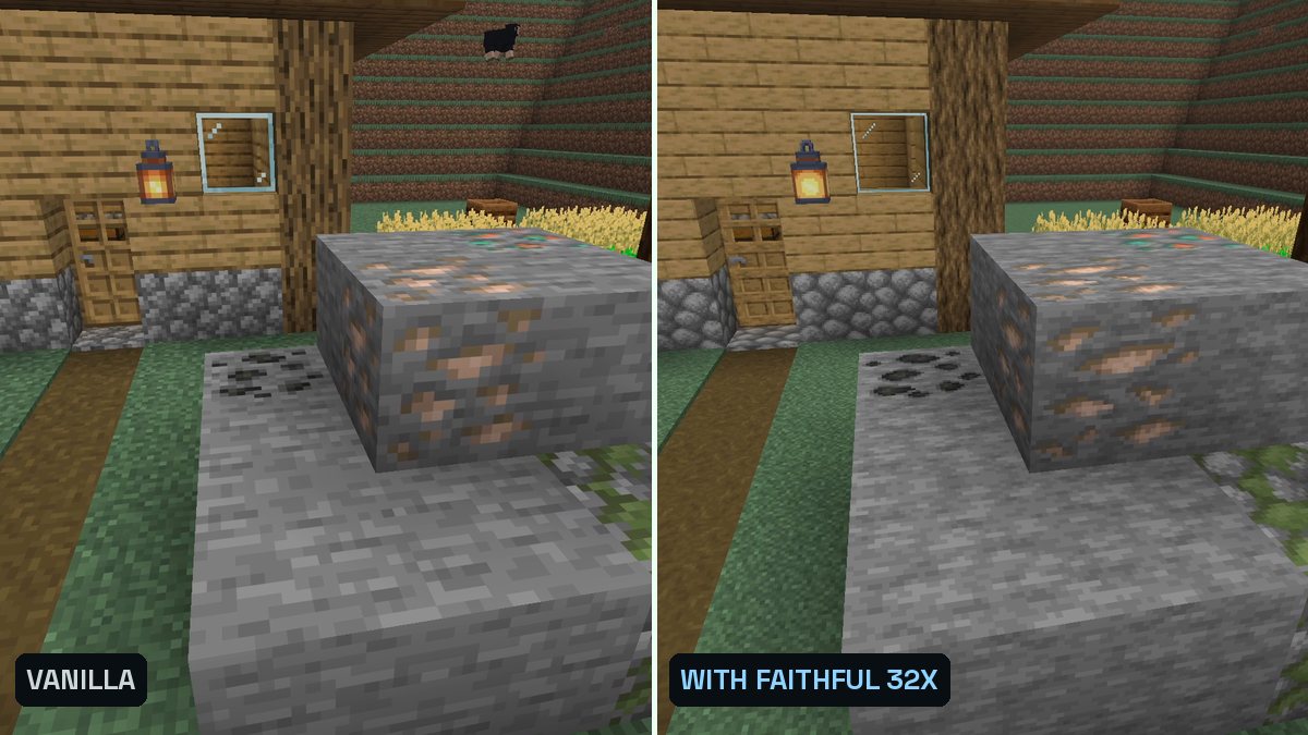 Two Minecraft screenshots side by side of a stone outcrop with ores