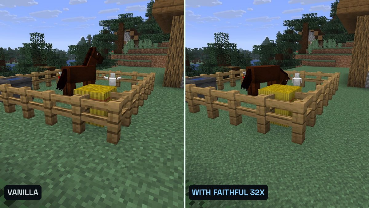 Two Minecraft screenshots side by side of a fenced paddock with grass