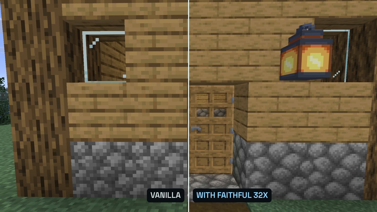 Split Minecraft screenshot of a house front with a door, cobblestone and a lantern: left half vanilla, right half with sharper Faithful 32x textures