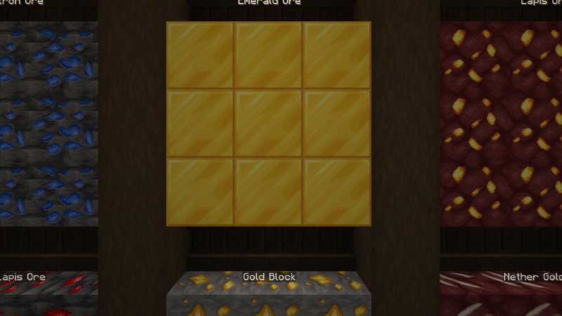 Split Minecraft screenshot of a library wall with ore blocks: left half vanilla, right half with the much sharper Faithful 64x textures
