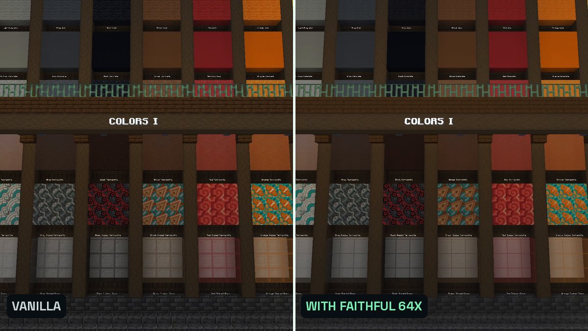 Two Minecraft screenshots side by side of colored wool, concrete and terracotta blocks