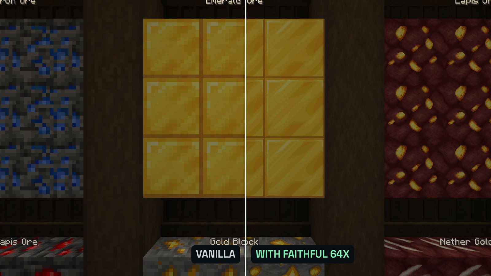 Split Minecraft screenshot of a library wall with ore blocks: left half vanilla, right half with the much sharper Faithful 64x textures