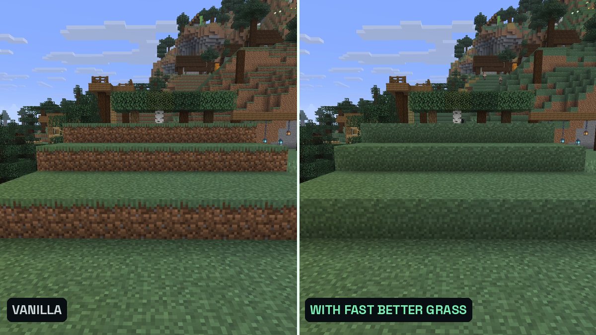 Two Minecraft screenshots side by side of grass block terraces, left with brown dirt sides, right fully green