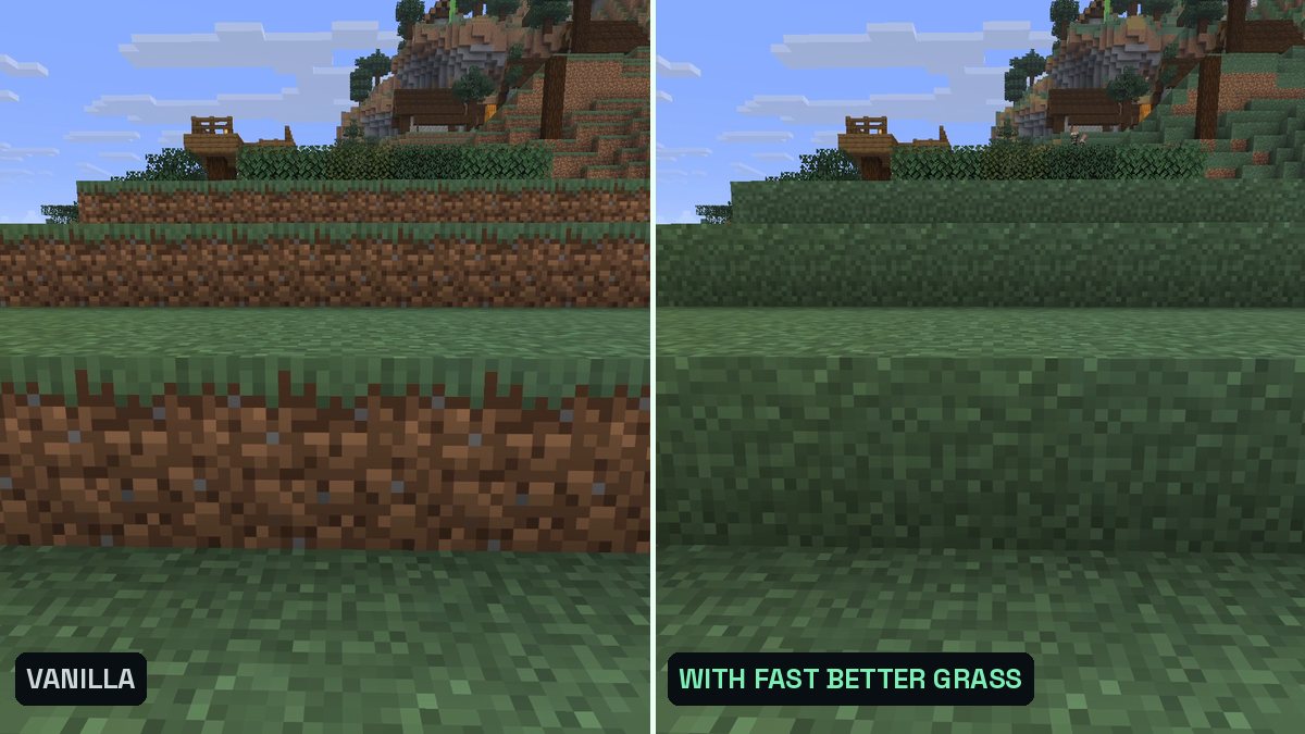 Two Minecraft screenshots side by side of a grass block edge up close, left dirt side, right green side