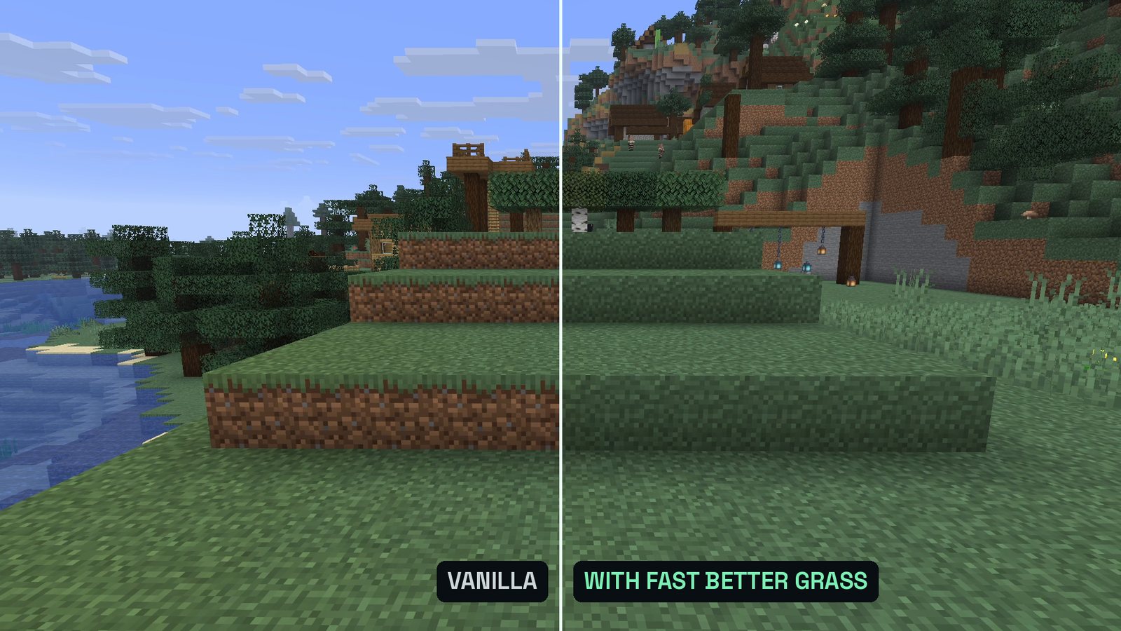 Split Minecraft screenshot of grass terraces: left half vanilla with dirt sides, right half with Fast Better Grass and green sides