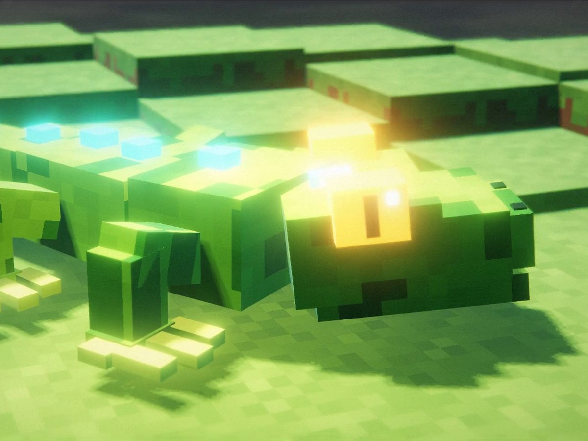 A voxel gecko on a floating grass island under the GeckoLib logo