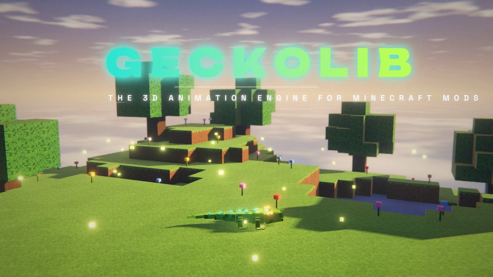 A voxel gecko on a floating grass island under the GeckoLib logo