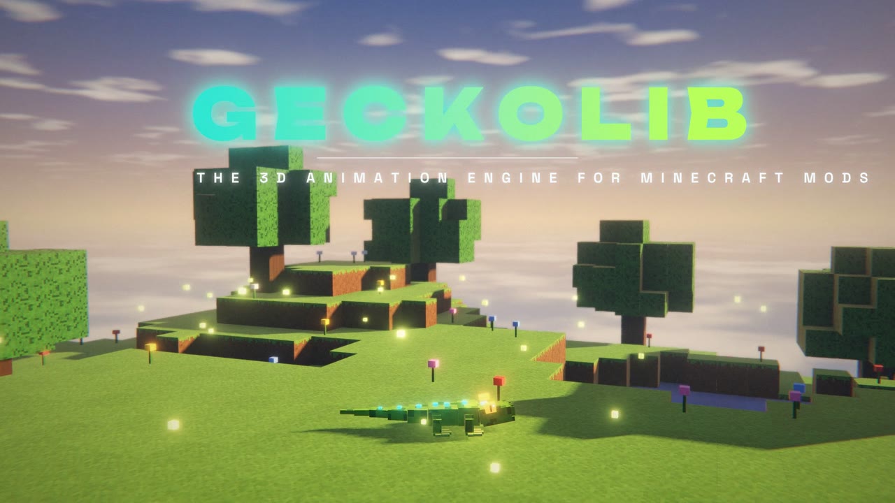 GeckoLib title over a floating voxel island with a gecko
