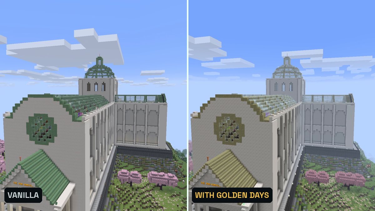 Two Minecraft screenshots side by side of a coastline with a large building on a plateau
