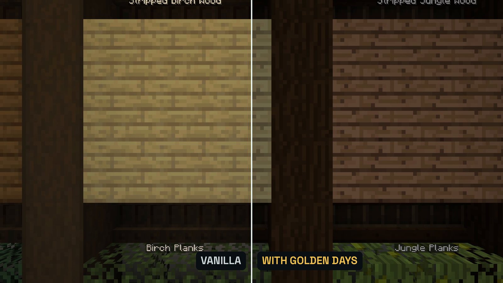 Split Minecraft screenshot of a library wall with wood blocks: left half vanilla, right half with the old-style Golden Days textures