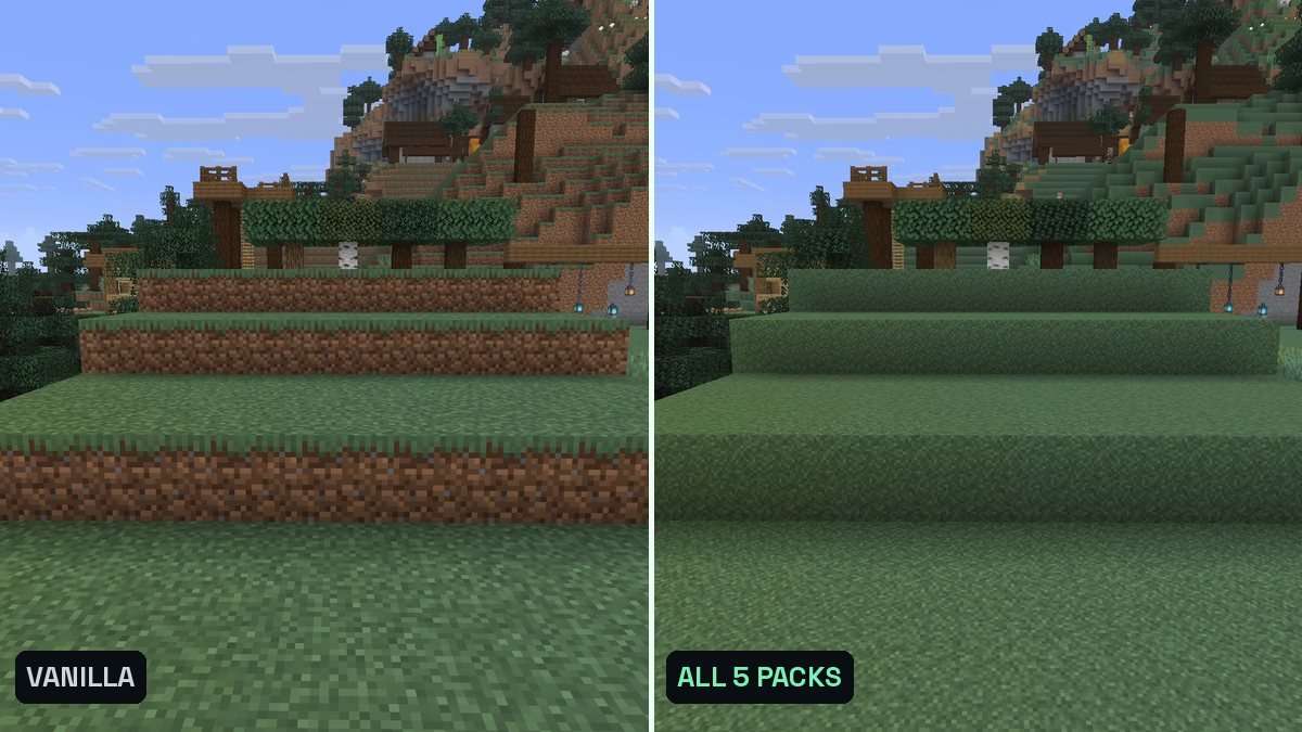 Two Minecraft screenshots side by side of grass terraces, right with five resource packs loaded, green grass sides and sharper textures