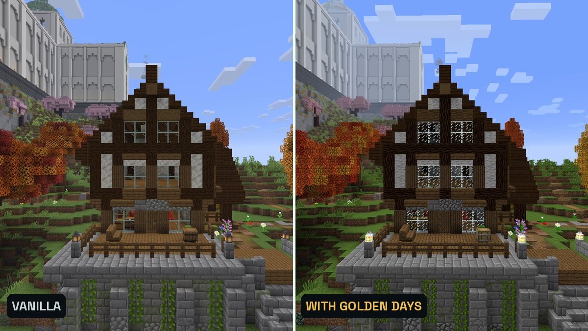 Two Minecraft screenshots side by side of a wooden lodge, right with the older Minecraft textures from Golden Days