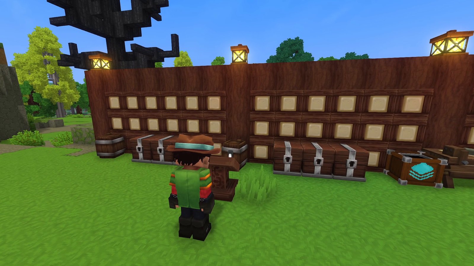 Hytale screenshot: The Mod Hunter at an Inventory Lectern in front of a timber storage wall with chests