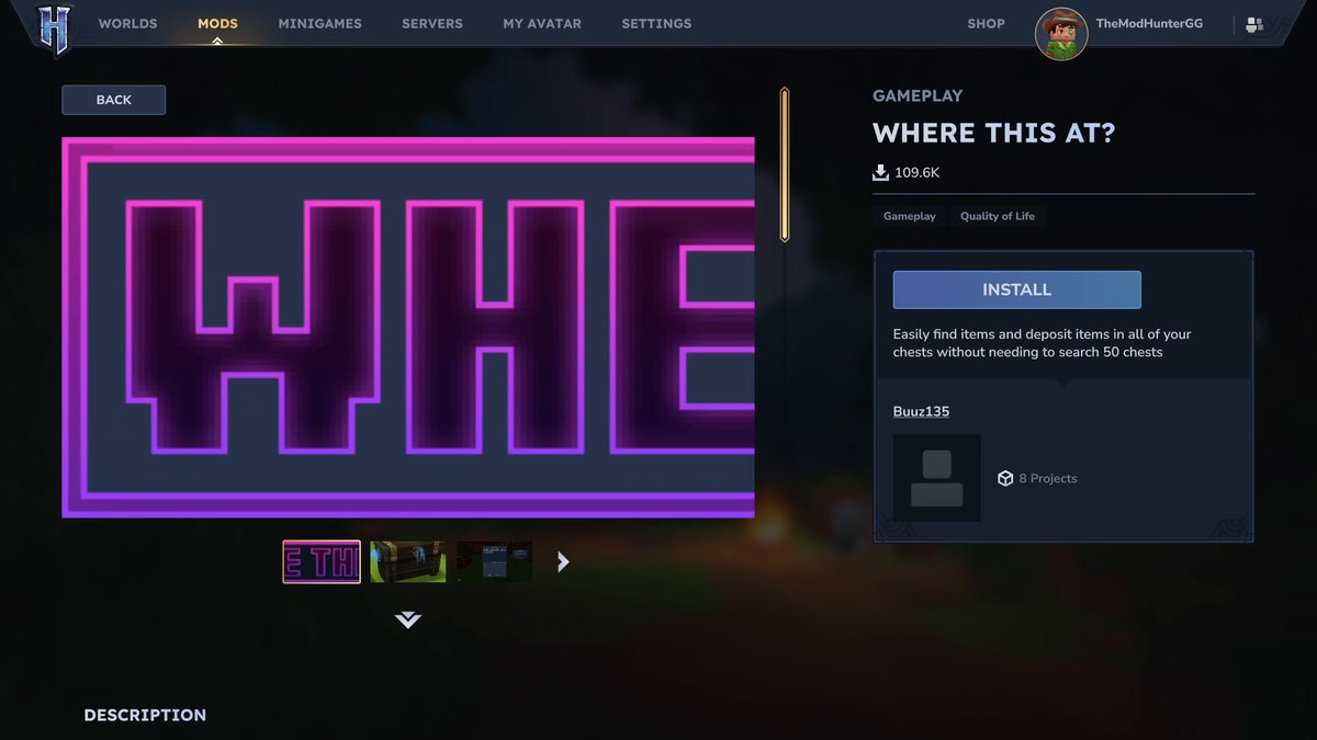 Hytale screenshot: the in-game mod browser page of Where this at? with 109.6K downloads, its categories, a short description and an Install button