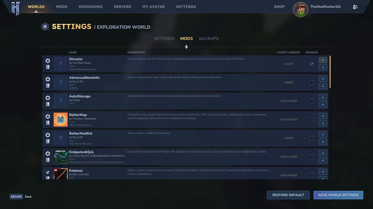 Hytale screenshot: the Mods tab of a world's settings with name, description, target version and enable checkboxes for each mod