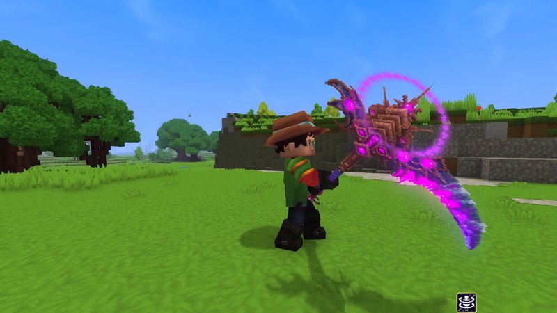 Hytale screenshot: The Mod Hunter holding Void Requiem, a huge scythe with a glowing purple blade, on a sunny meadow