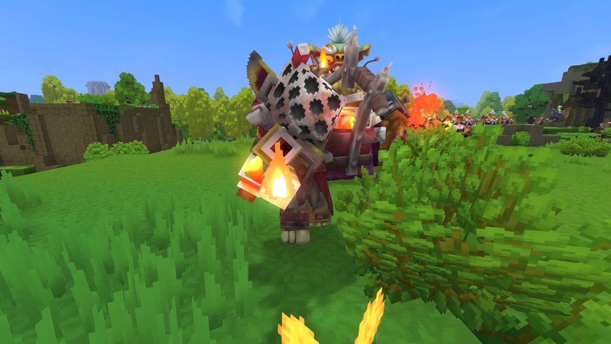 Hytale screenshot: a goblin carrying a flamethrower tank