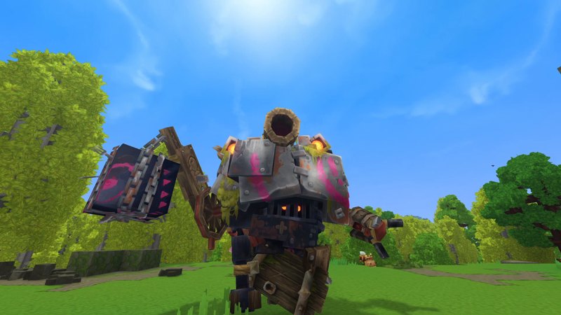 Hytale screenshot: the Gobliterator, a goblin war machine with a cannon and a chained saw, seen from below on a sunny meadow