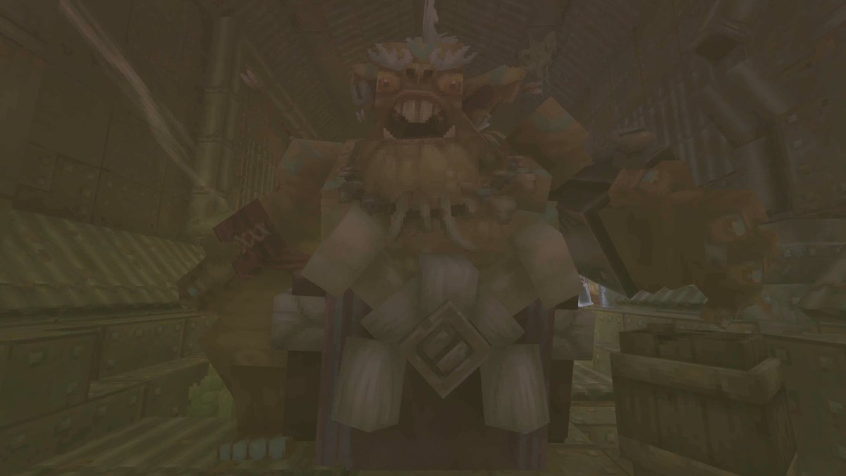 Hytale screenshot: the Feastmaster in a dark industrial dungeon corridor
