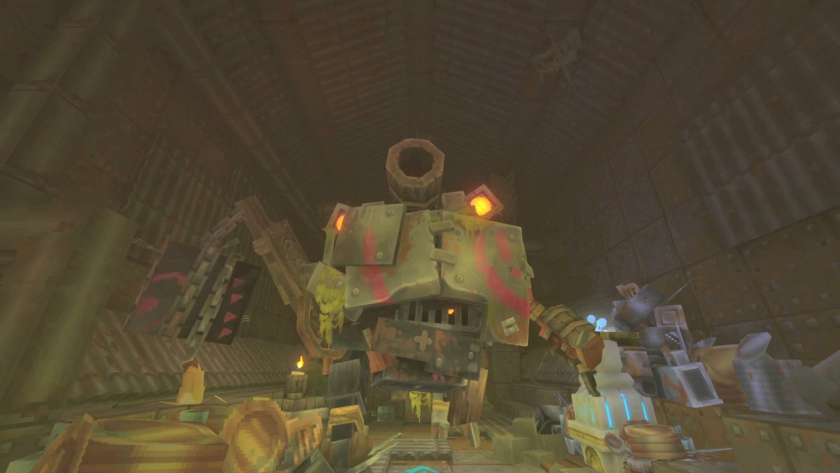 Hytale screenshot: the Gobliterator war machine in a dungeon hall