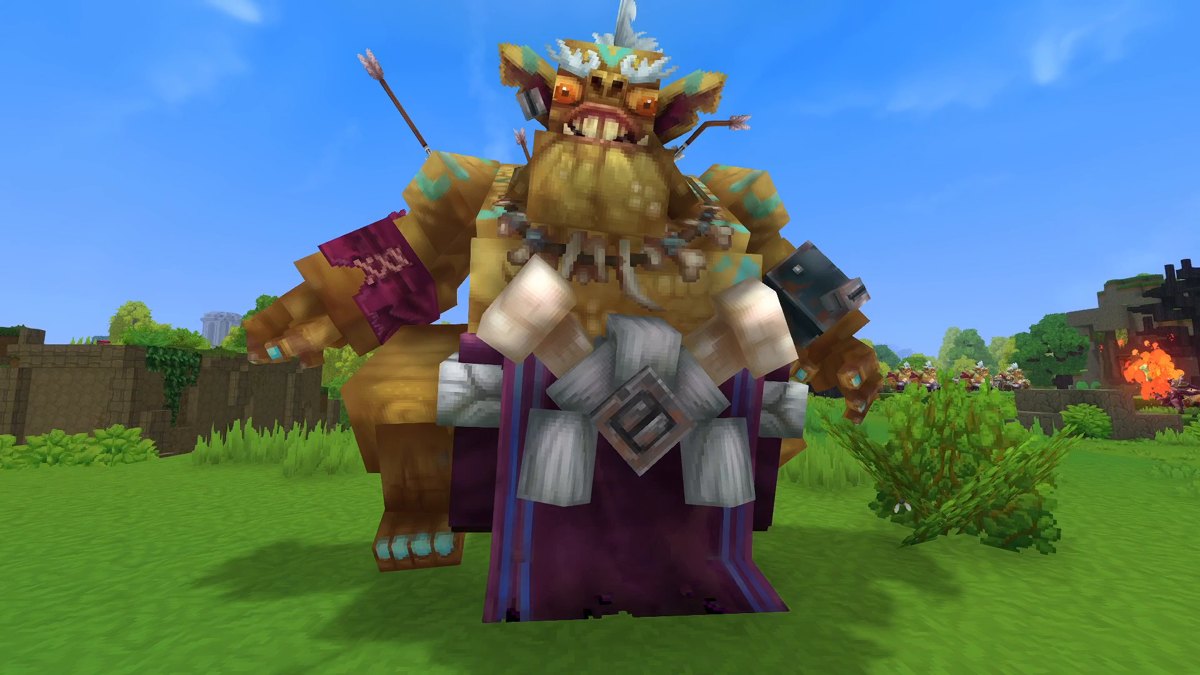 Hytale screenshot: a huge goblin with a feathered headdress and a robe