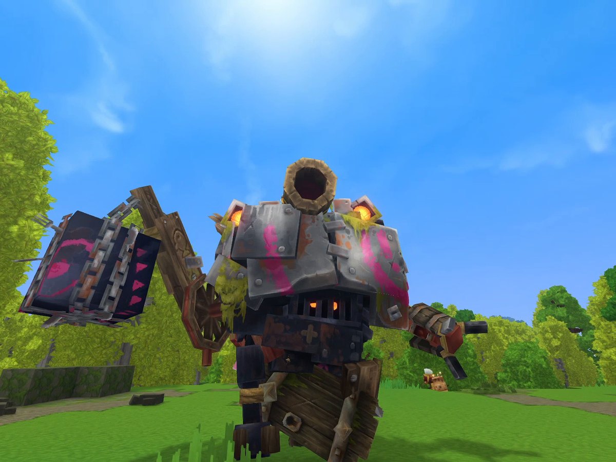 Hytale screenshot: the Gobliterator, a goblin war machine with a cannon and a chained saw, seen from below on a sunny meadow