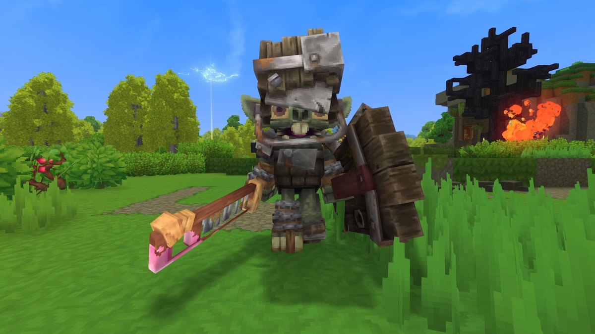 Hytale screenshot: an armored goblin with a wooden shield and a sword