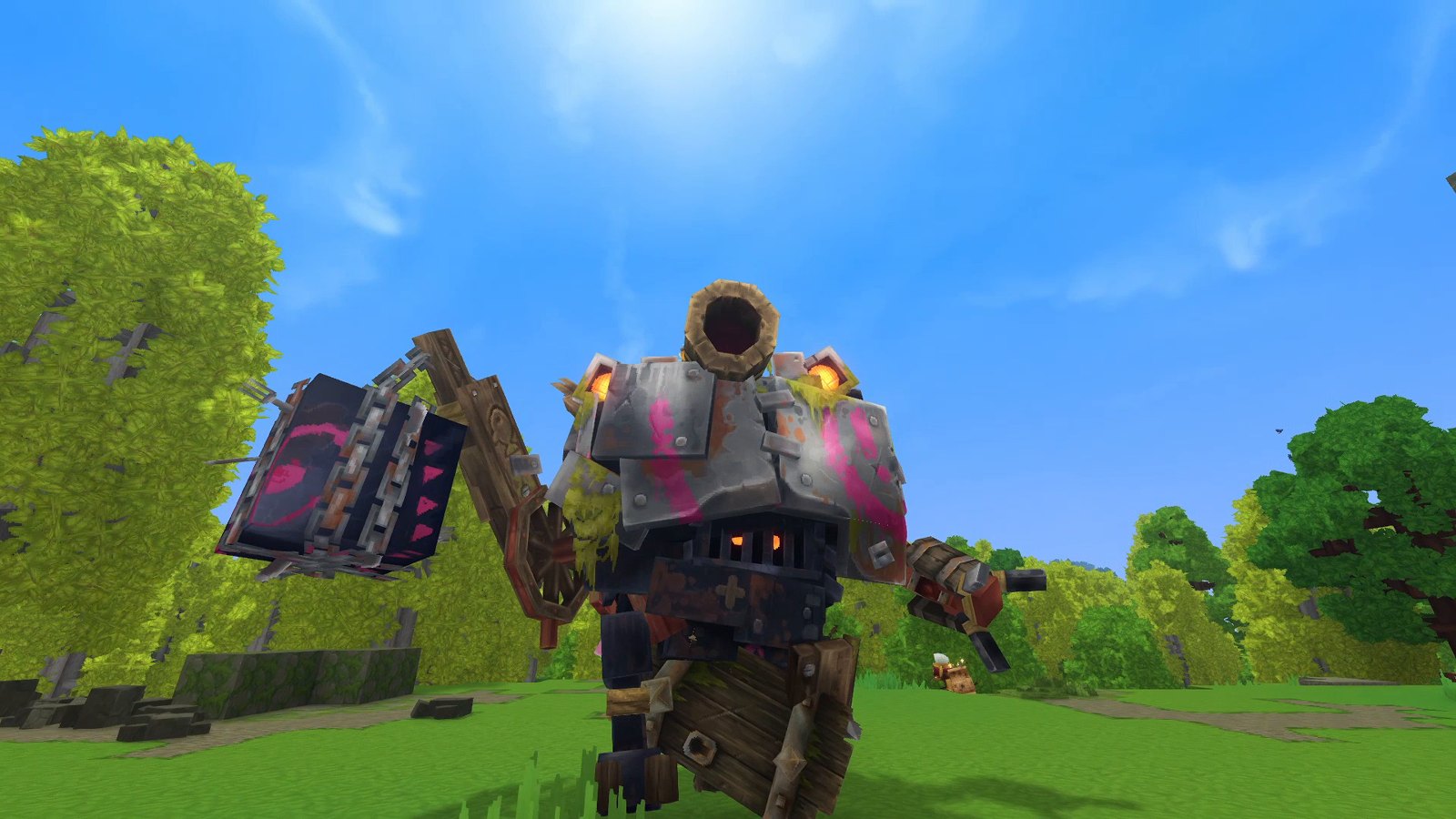 Hytale screenshot: the Gobliterator, a goblin war machine with a cannon and a chained saw, seen from below on a sunny meadow