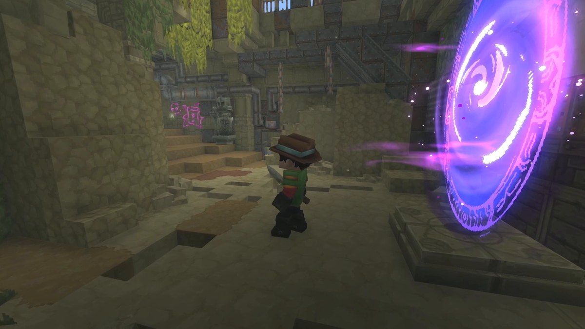 Hytale screenshot: The Mod Hunter next to a purple portal in a dark ruin