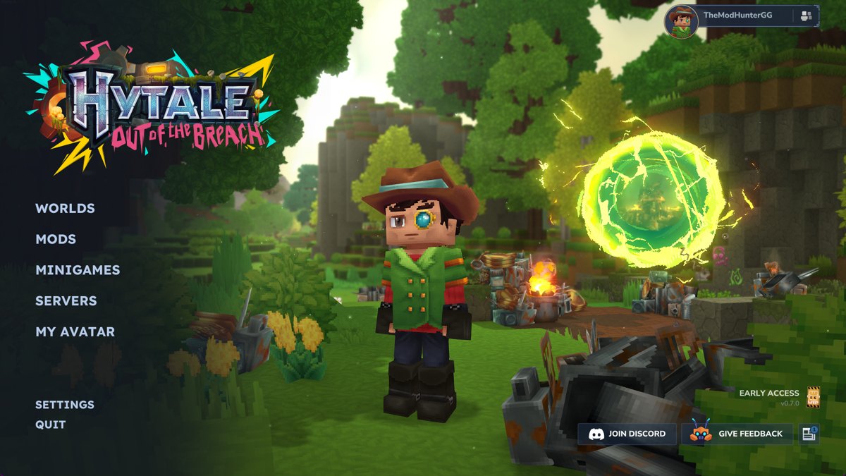 Hytale main menu screenshot with the Out of the Breach logo, a Minigames button and The Mod Hunter's avatar next to a breach portal