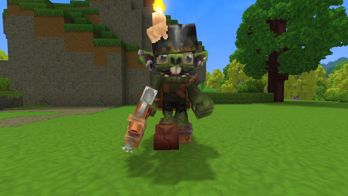Hytale screenshot: a goblin with a candle helmet and a pickaxe on a meadow