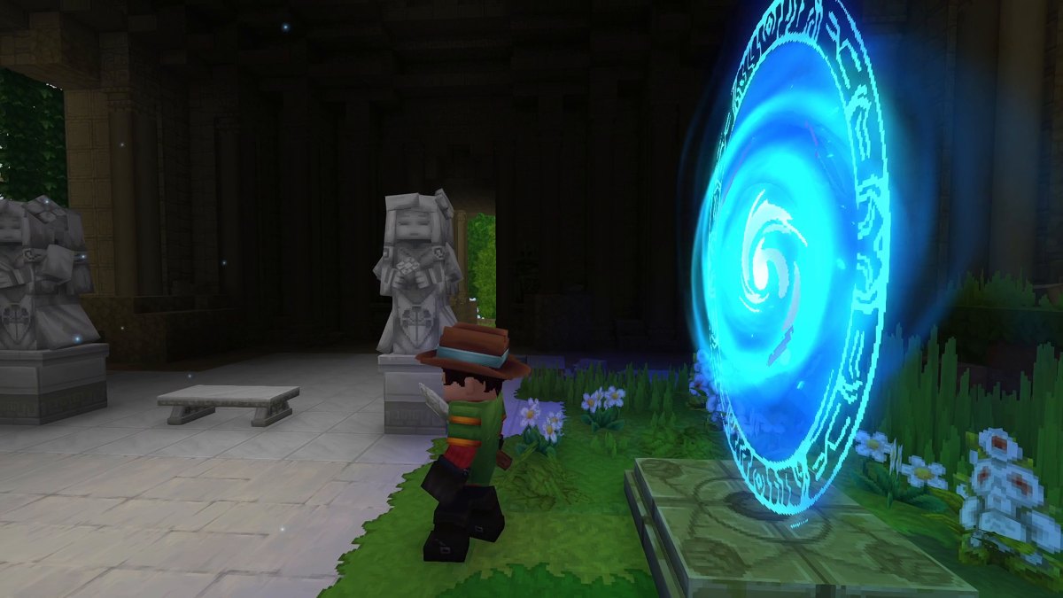 Hytale screenshot: The Mod Hunter in a stone temple hall with statues and a glowing blue portal