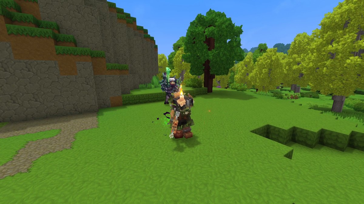 Hytale screenshot: goblins and a purple Void creature on a meadow