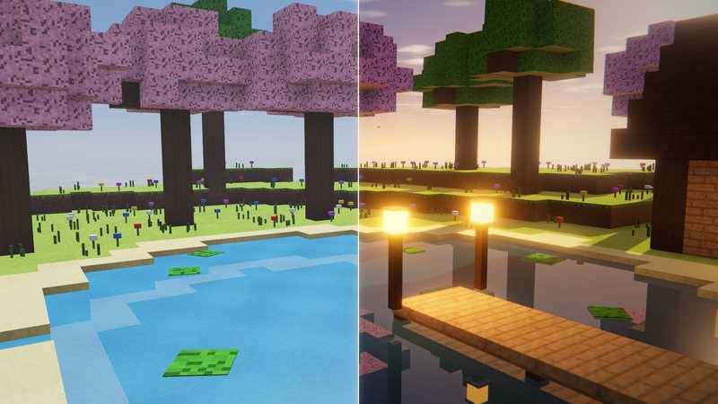 A voxel pond at golden hour with lanterns, a wooden dock and trees reflected in the water