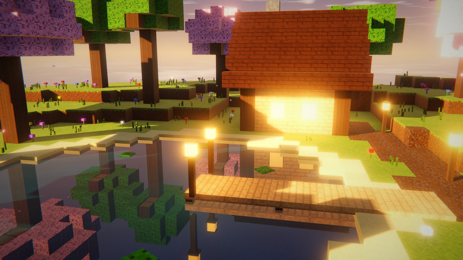A voxel pond at golden hour with lanterns, a wooden dock and trees reflected in the water