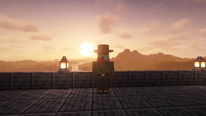The Mod Hunter on a stone wall at sunset in Minecraft 26.3 with shaders, glowing lanterns and soft clouds
