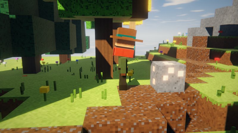 A voxel-style scene with an info panel at the top showing Iron Ore and the mod name, next to the title Jade