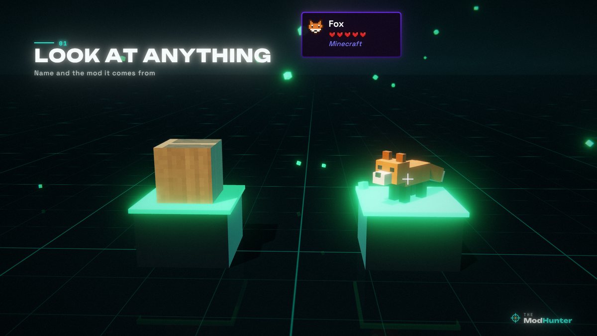 An oak log and a fox on two pedestals, a crosshair on the fox and an info panel reading Fox, Minecraft