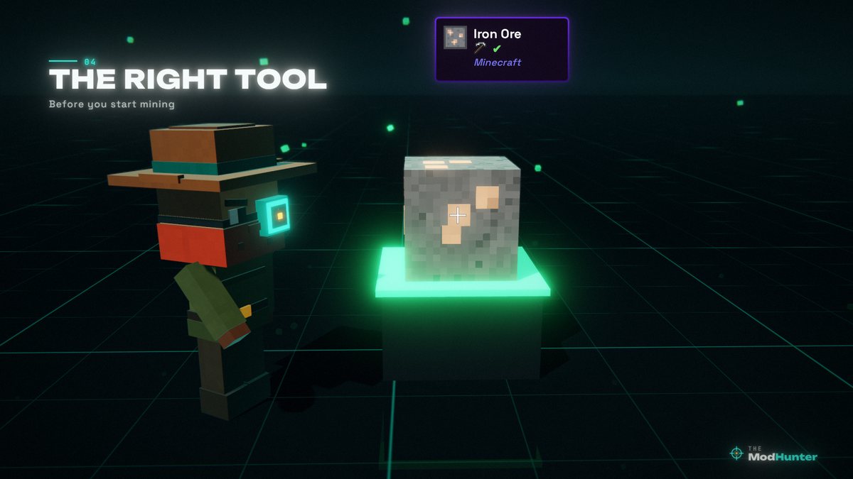The Mod Hunter next to an iron ore block with an info panel showing a pickaxe icon and a check mark