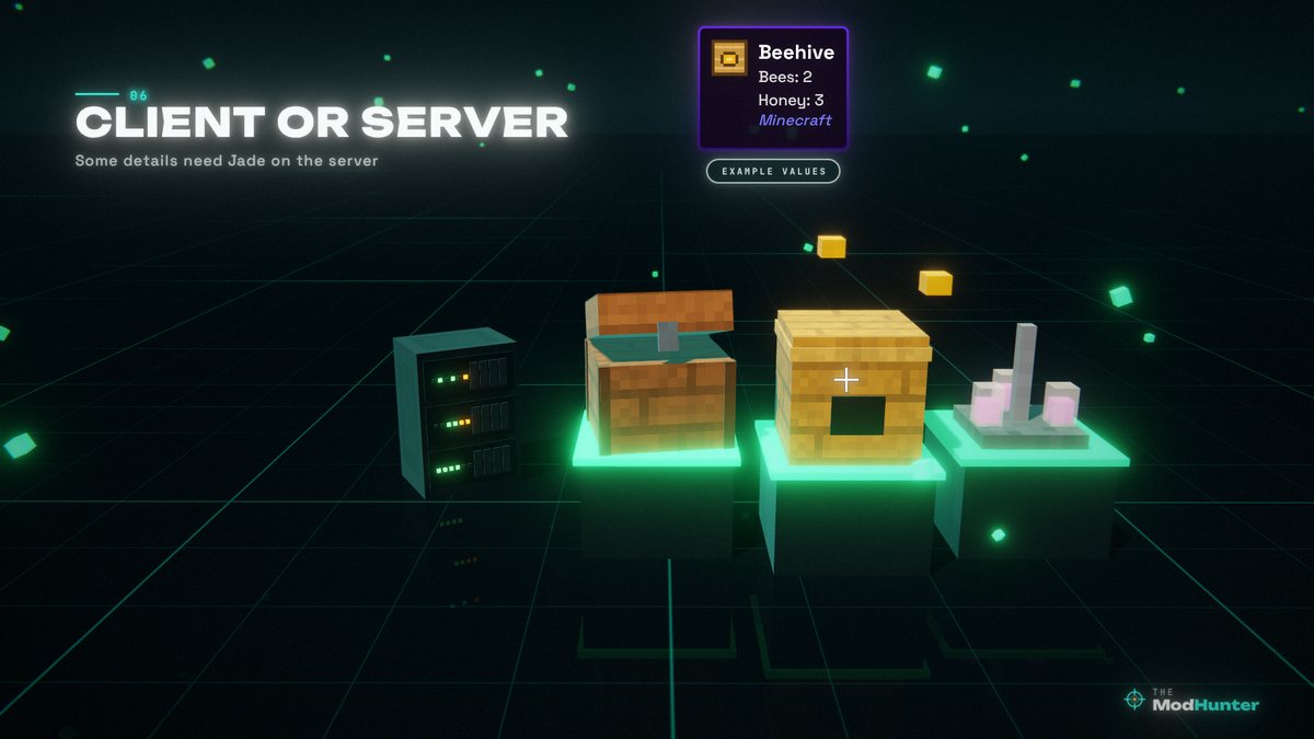 A server rack next to a chest, a beehive and a brewing stand, with an info panel showing Bees 2 and Honey 3