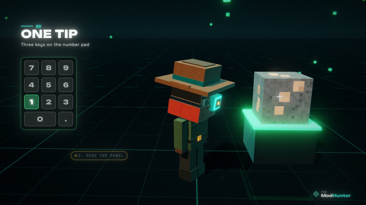 A number pad with the key 1 highlighted next to The Mod Hunter looking at an iron ore block