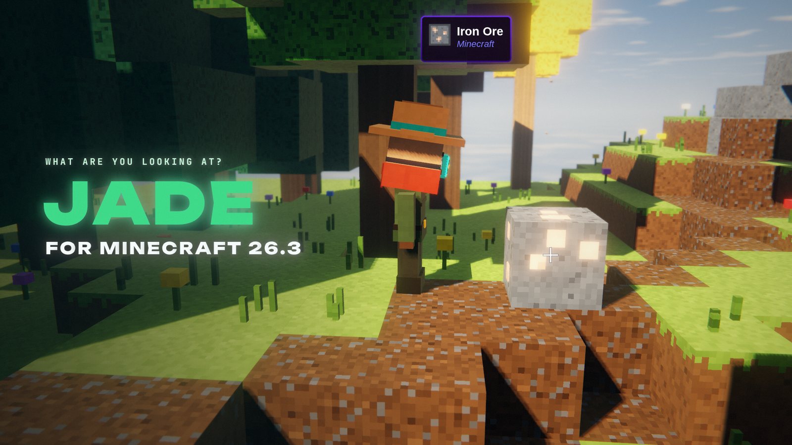 A voxel-style scene with an info panel at the top showing Iron Ore and the mod name, next to the title Jade