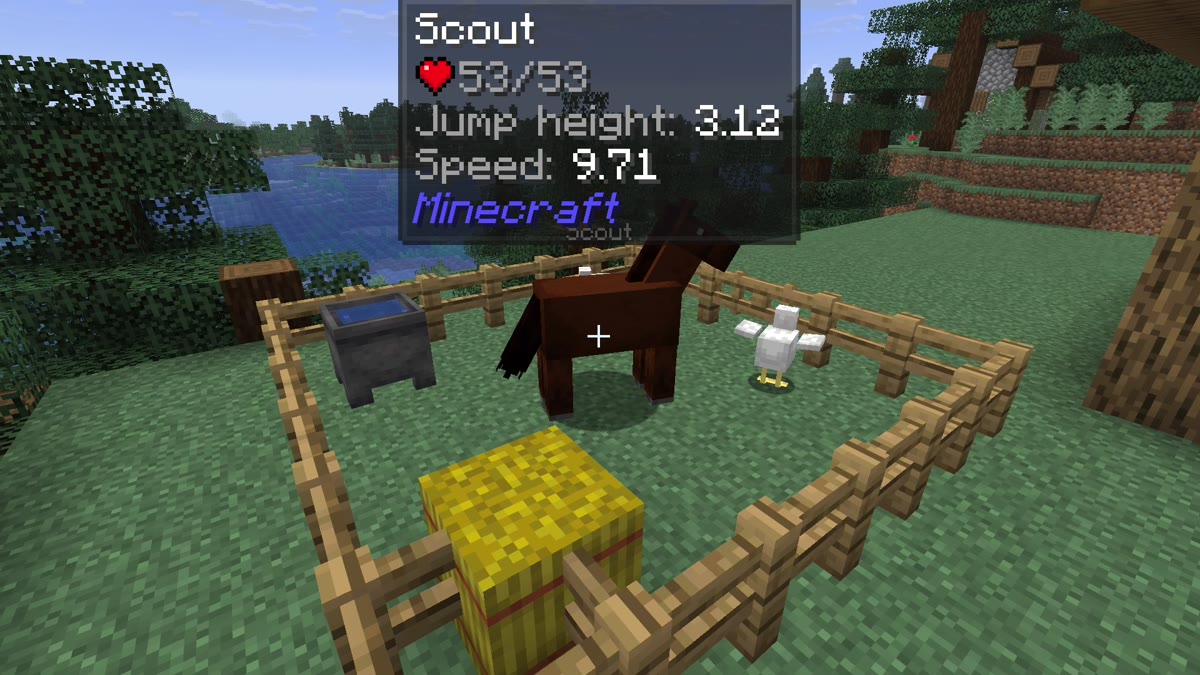 Minecraft screenshot of a horse named Scout in a paddock with the Jade panel showing Jump height 3.12 and Speed 9.71