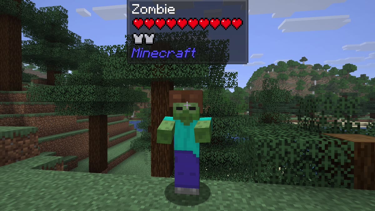 Minecraft screenshot of a zombie with the Jade panel showing ten hearts and armor icons