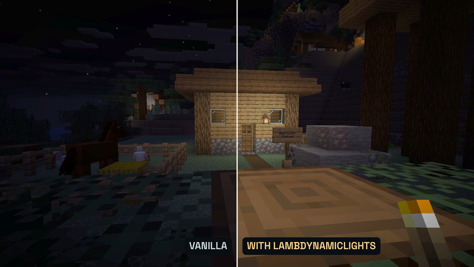 Split Minecraft screenshot at night: left half vanilla and dark, right half with LambDynamicLights where the torch in hand lights up the ground