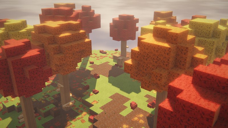 Voxel autumn forest island with red, orange and yellow poplar trees