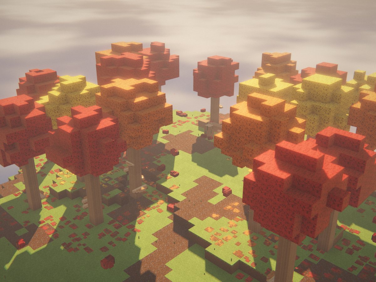 Voxel autumn forest island with red, orange and yellow poplar trees