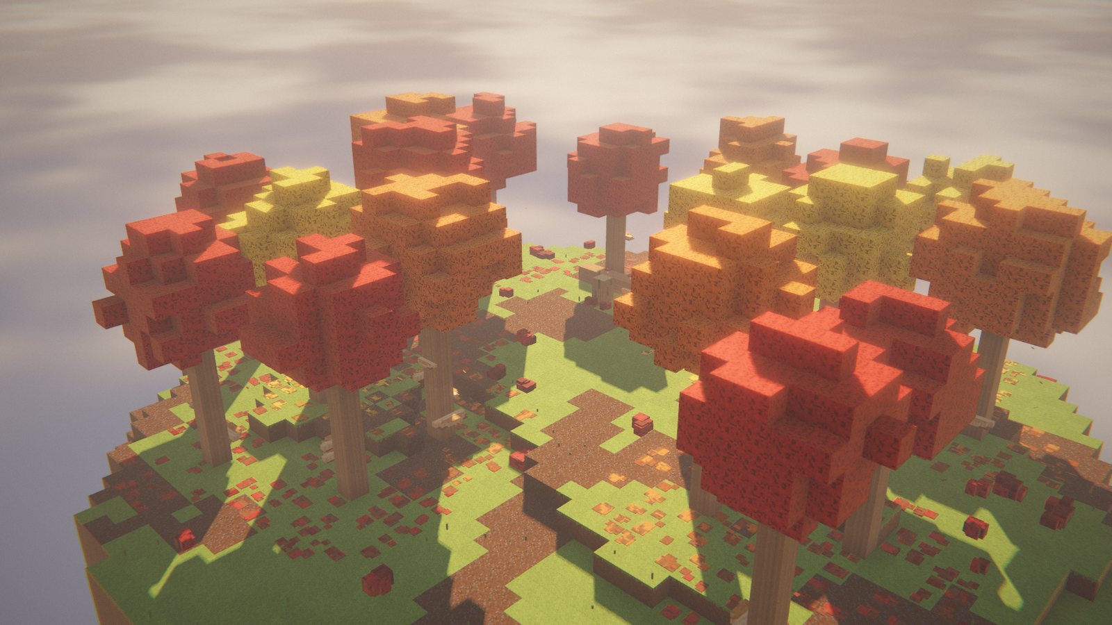 Voxel autumn forest island with red, orange and yellow poplar trees