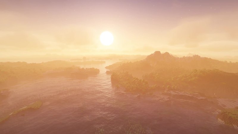 Minecraft 26.3 landscape with shaders at sunset over a lake